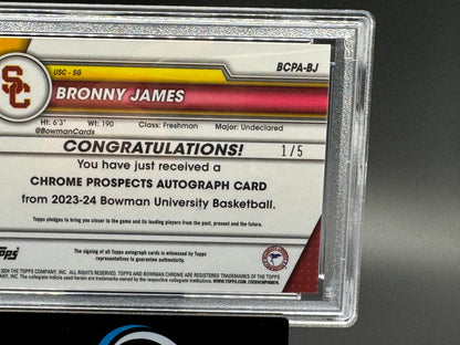 2023-2024 Bowman U Chrome 1st Bronny James Numbered 1/5 Auto Red Refractor PSA 9